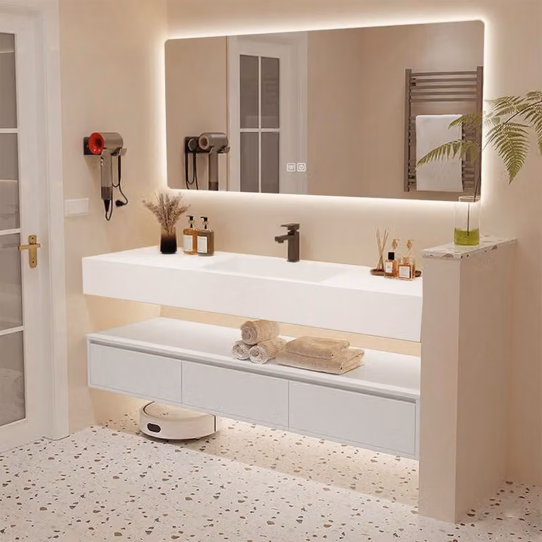 Set di mobili da bagno sospesi con lavabo in pietra sinterizzata, specchio a LED con funzione antiappannamento e cassetto 140×55 cm【YTC913-140】