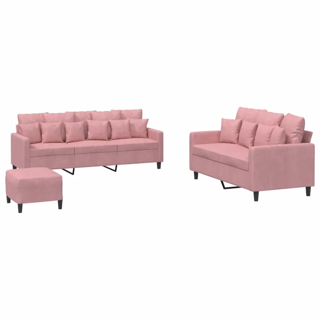 Set di divani vidaXL in velluto rosa composto da divano a 3 posti, divano a 2 posti e pouf con cuscini coordinati per il tuo soggiorno – 2