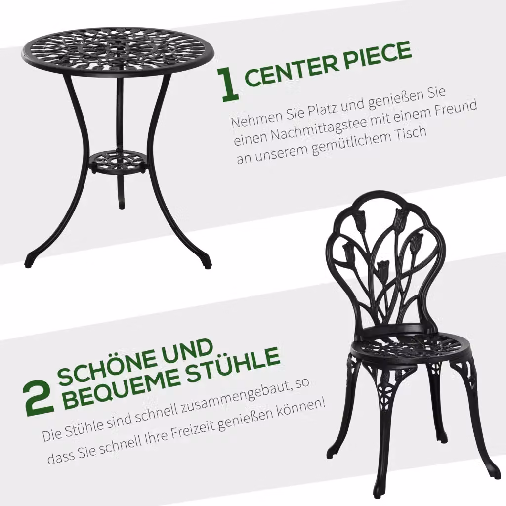 Set Bistro REDOM composto da un tavolo rotondo e 2 sedie in alluminio nero opaco per giardino e balcone, Diametro tavolo: 60 cm – 2