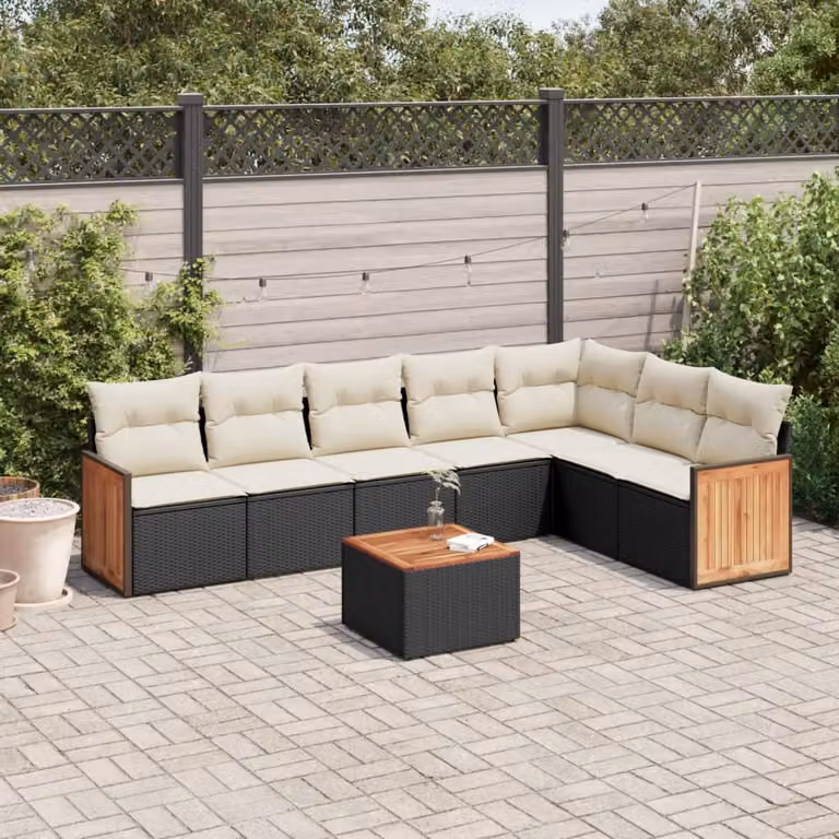 Set di divani da giardino a L vidaXL in polyrattan nero con 8 pezzi e cuscini inclusi