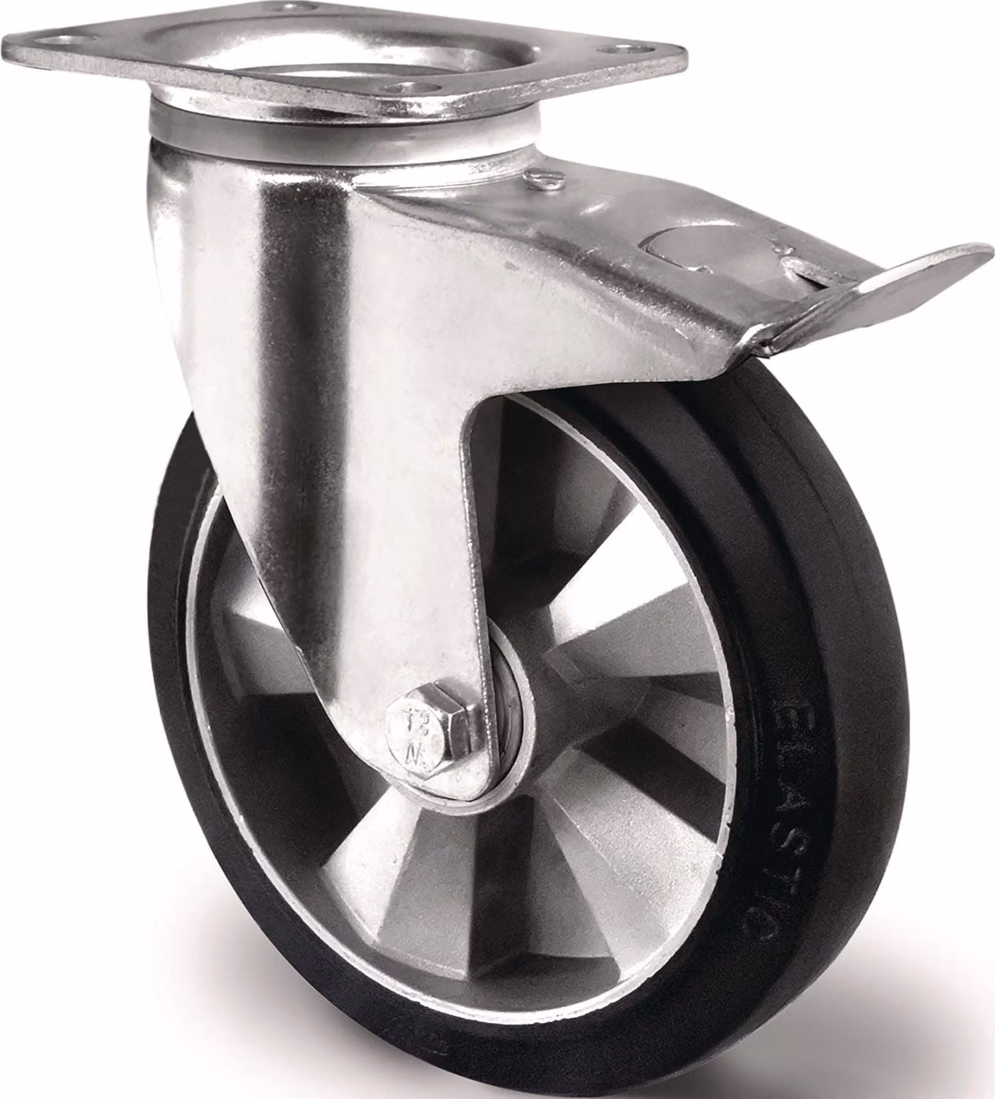 Ruota girevole per carichi pesanti - 125 mm, portata 300 kg, freno totale, gomma elastica, altezza 164 mm