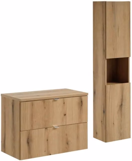 Set da bagno sospeso VANO effetto rovere 110cm: mobile sottolavabo con cassetti + piano per lavabo + colonna