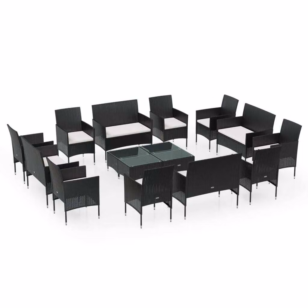Set Divani da Giardino 16 pz con Cuscini in Polyrattan Nero