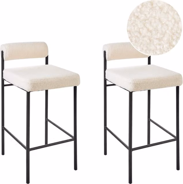 Set di 2 sedie da bar Rivestimento in poliestere boucle bianco Gambe in metallo nero Sgabelli senza braccioli Schienale a rotolo Cucina moderna sala da pranzo