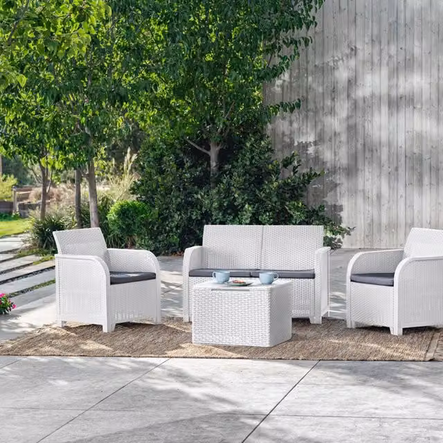 Set da giardino Keter Rosalie in polyrattan bianco con cuscini grigi per 4 persone