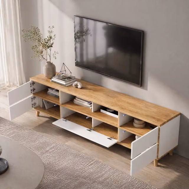 Mobile TV in MDF bianco e legno, 175x37x51 cm con 4 scomparti e porta in stile country naturale