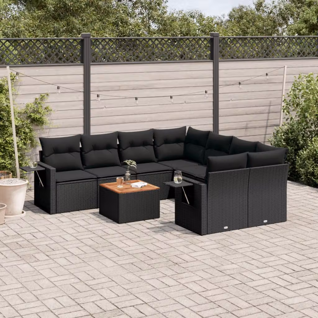 vidaXL Set Divani da Giardino 9 pz in Polyrattan Nero con Cuscini e Tavolino da Esterno – 1