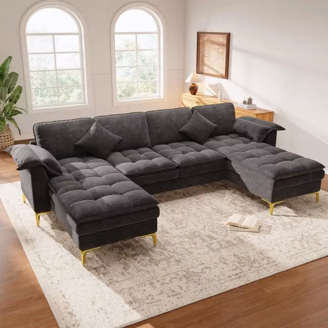 Divano angolare a U 262x134x86 cm con 2 chaise longue in ciniglia grigio