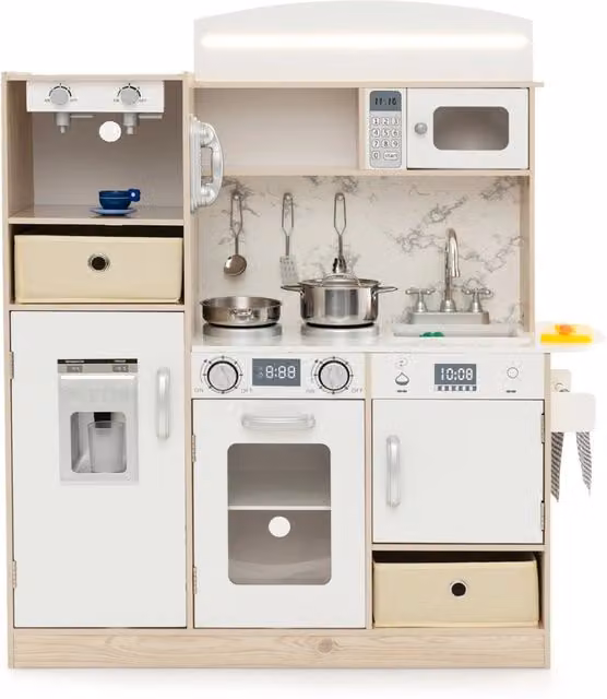 Cucina giocattolo Design Mania per bambini con luci LED regolabili, cesti in tessuto rimovibili e scaffali, colore bianco, L: 90 cm, P: 36 cm, H: 90 cm