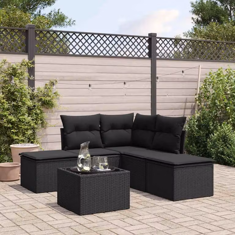 vidaXL Set Divano da Giardino 6 pz a Forma di L in Polyrattan Nero con Cuscini e Tavolino