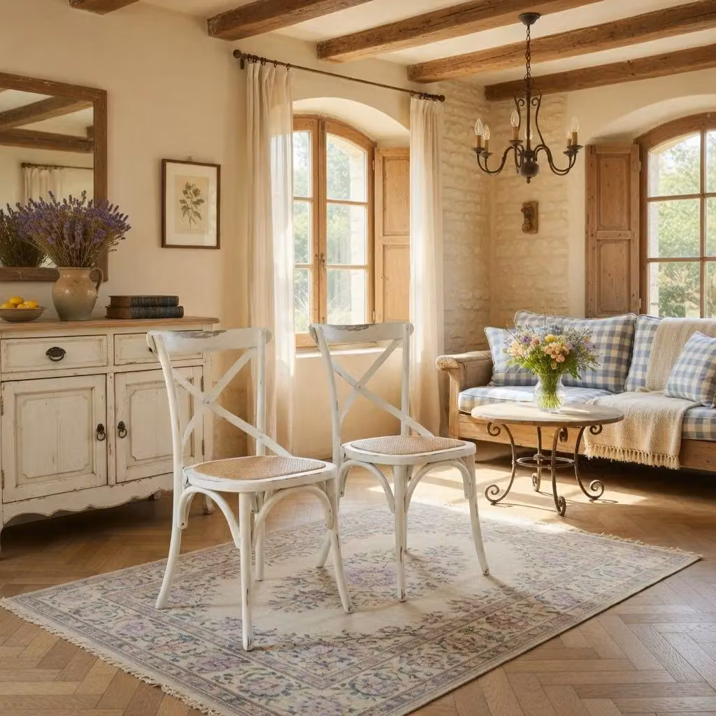 Set di 2 sedie Cross Bistrot vintage in legno di olmo bianco con seduta in rattan e tessuto stile shabby chic Mobili 2G – 1
