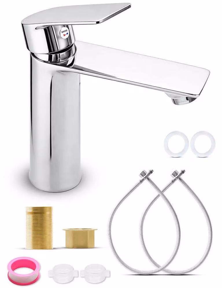 Miscelatore per lavabo in acciaio inossidabile, a risparmio idrico, finitura cromata, altezza del beccuccio 120 mm, completo di accessori