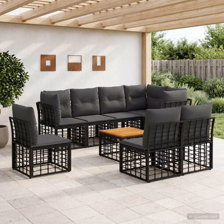 vidaXL Set di divani da esterno a L composto da 9 pezzi con tavolino, colore nero e grigio, in poliestere resistente ai raggi UV e struttura in acciaio verniciato a polvere