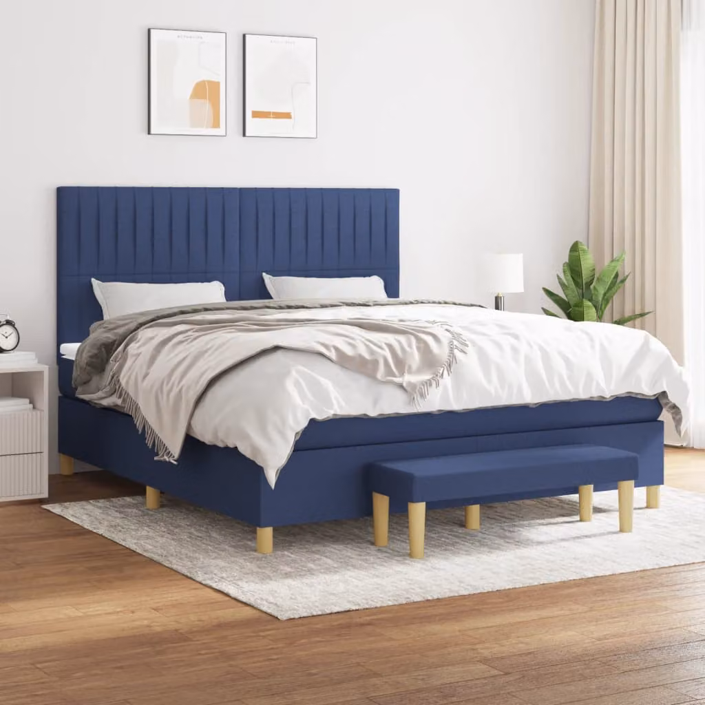 vidaXL Giroletto a Molle Ibrido con Materasso in Tessuto Blu e Bianco L/P/H: 160 x 200 x 128 cm – 1