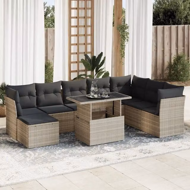 Set Divano da Giardino vidaXL 9 Pezzi con Cuscini e Tavolino in Polyrattan Grigio – 1