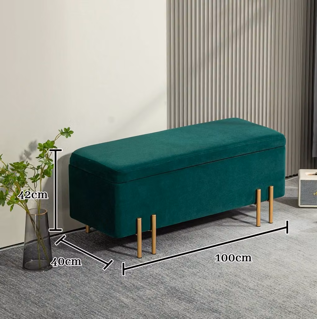 Panca contenitore imbottita MODFU in poliestere verde con struttura in legno e metallo L: 100 cm, P: 40 cm, H: 42 cm – 2