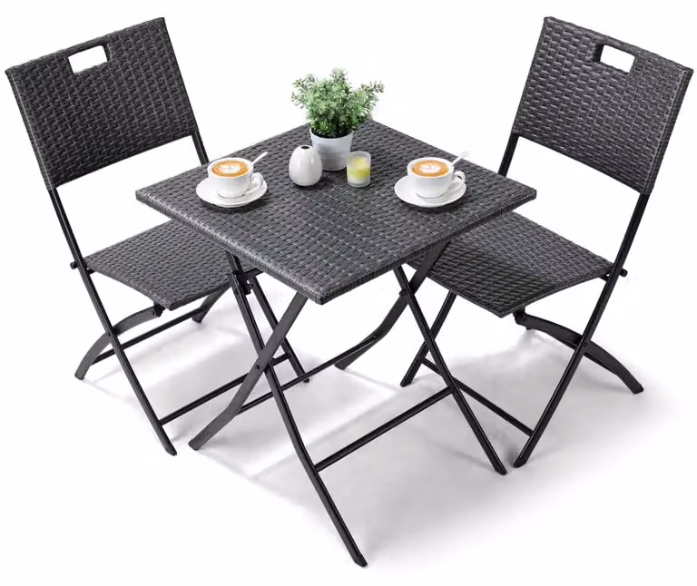 Set di mobili da balcone in rattan - Set da giardino bistro composto da 3 pezzi - Tavolo pieghevole con 2 sedie - Struttura in metallo - Dimensioni tavolo: 60x60x72 cm - Colore: grigio