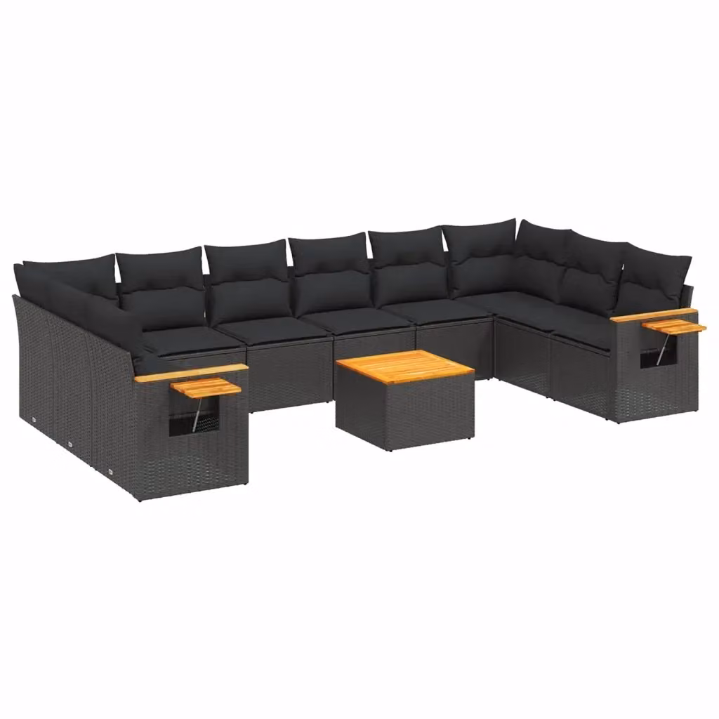vidaXL Set Divani da Giardino a L 11 pz in Polyrattan Nero con Cuscini e Tavolino da Esterno – 2