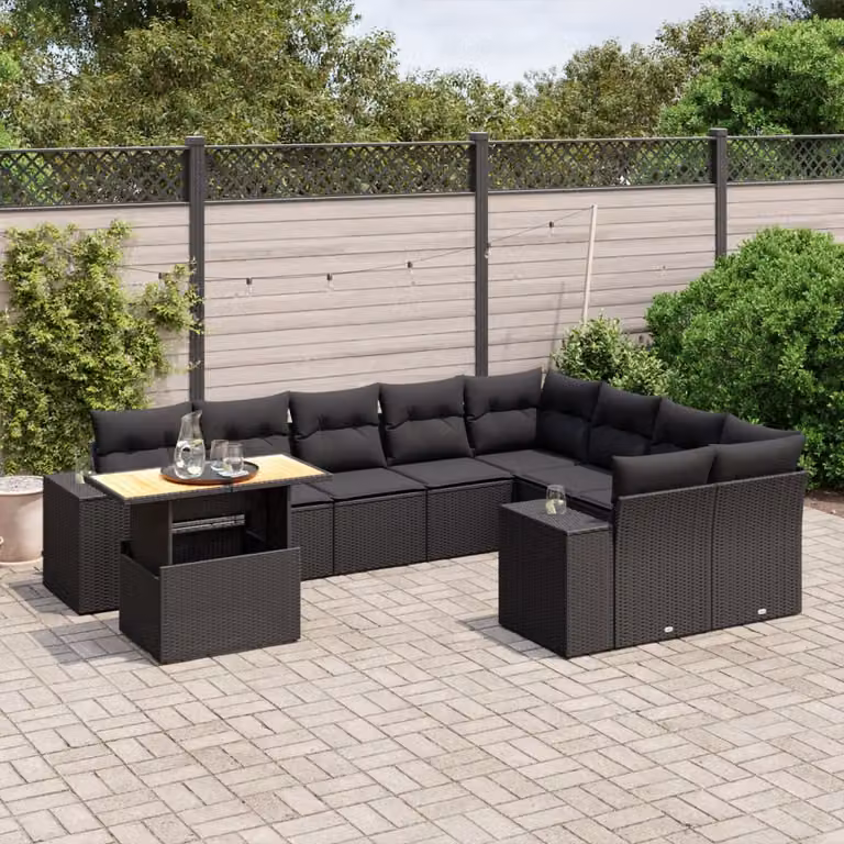 Set di Divani da Giardino vidaXL 10 Pezzi in Polyrattan Nero con Cuscini e Tavolino da Esterno a Forma di L