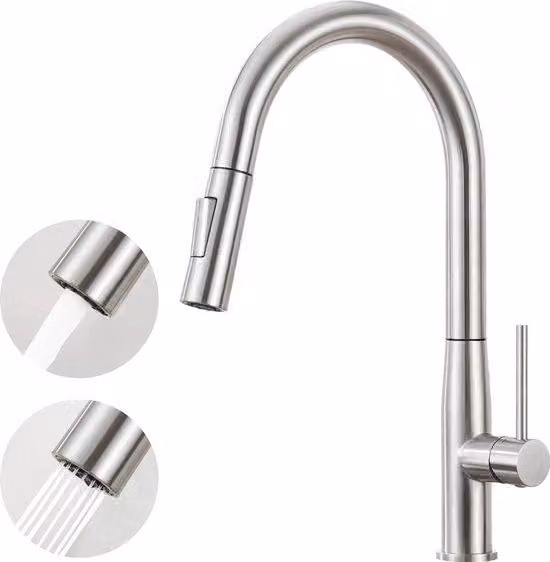 Rubinetto da cucina, in acciaio inossidabile, orientabile a 360°, miscelatore con 2 tipi di erogazione, finitura spazzolata