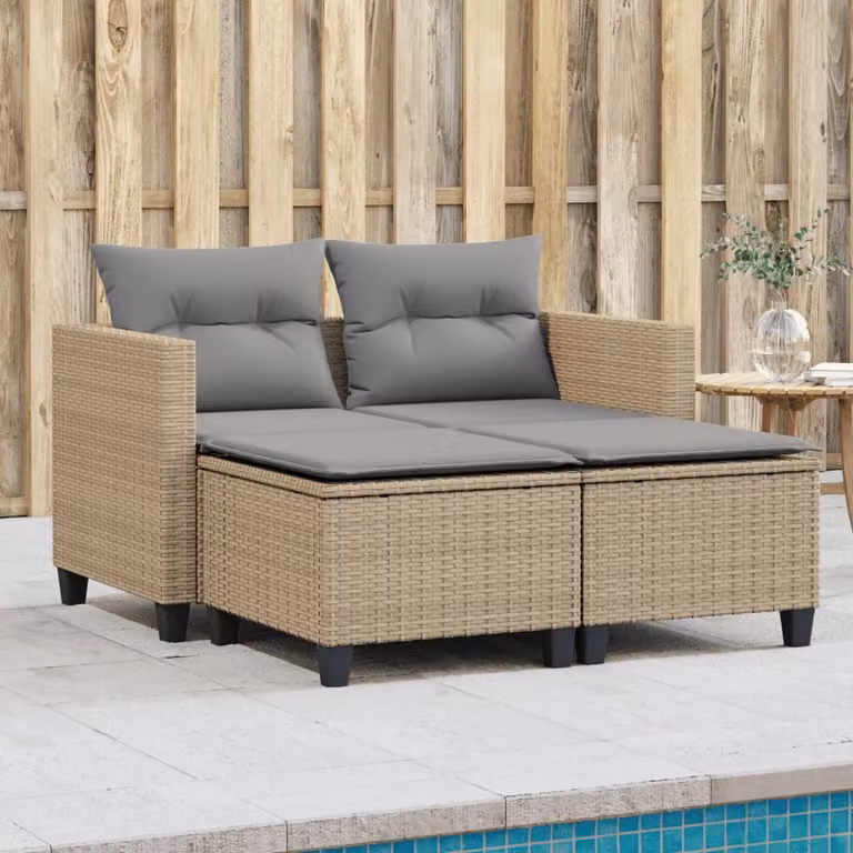 Set da giardino vidaXL composto da divano a 2 posti e sgabelli in polyrattan beige con cuscini imbottiti e struttura in metallo