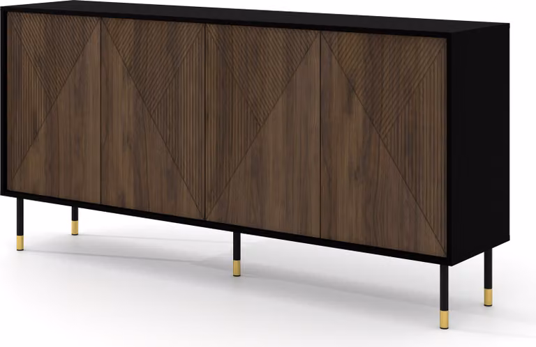Cassettiera WOODY IV 4D 180 cm NERO OPACO / ROVERE CATANIA Frontali fresati Credenza in MDF Credenza su gambe