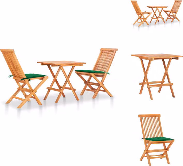 vidaXL Set bistrot 3 pezzi con cuscini verdi in teak massiccio - Set di mobili da giardino