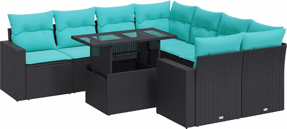 Set Divani da Giardino 9 pz con Cuscini Nero Polyrattan Acacia