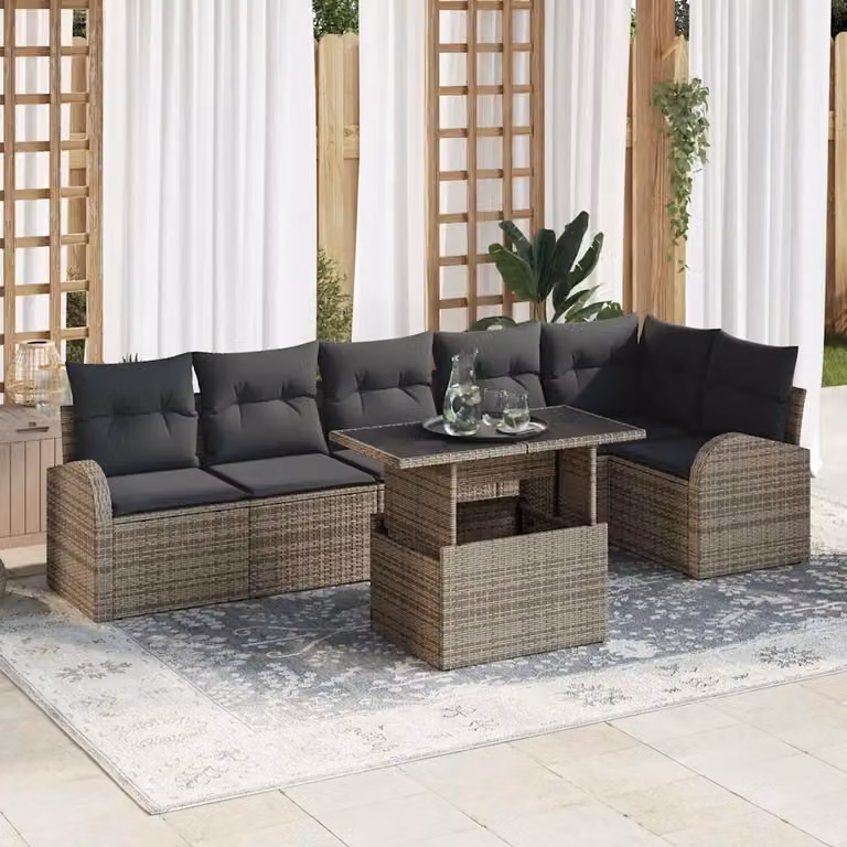 Set Divano da Giardino vidaXL in Polyrattan Grigio con 7 Pezzi e Cuscini