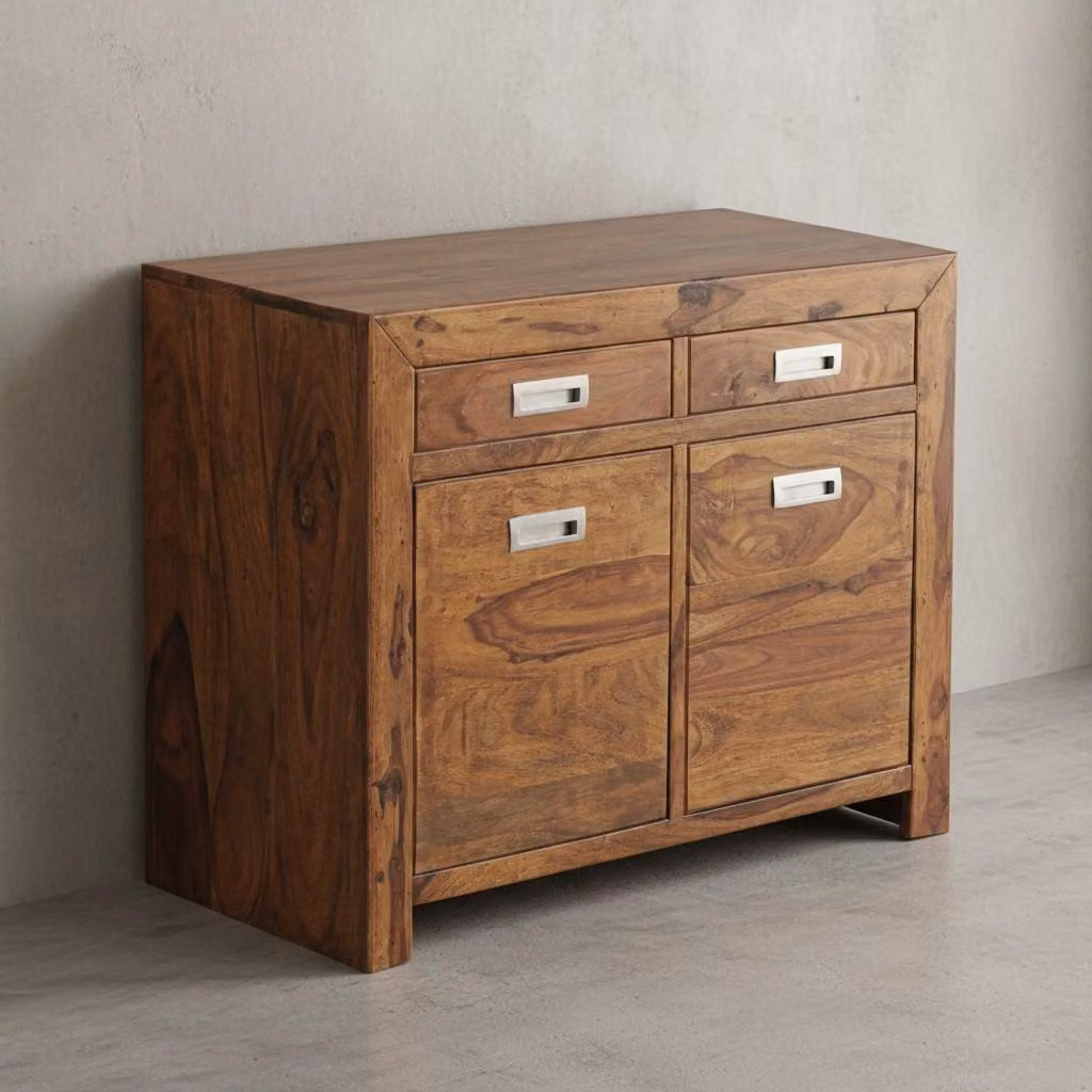 Credenza in legno massiccio di sheesham, con 2 ante e cassetti, ampio spazio di archiviazione, ideale per il corridoio o il soggiorno, realizzata a mano | Kadima Design
