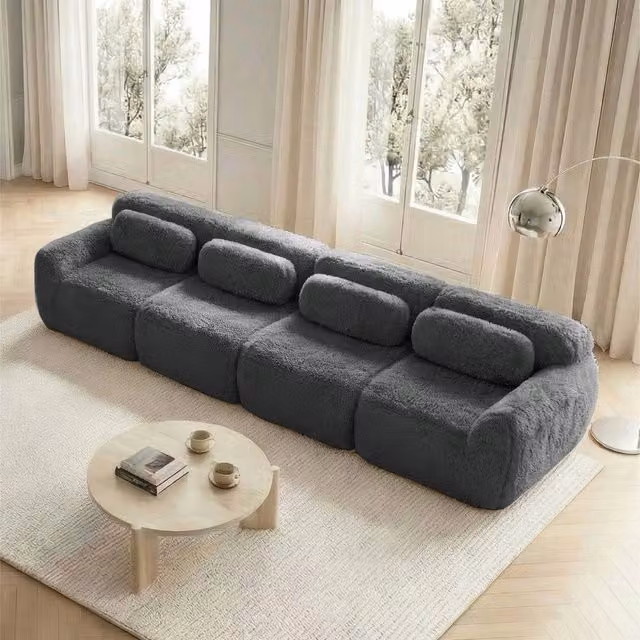 Divano modulare angolare senza struttura con seduta ampia schiuma a resilienza base antiscivolo in peluche grigio