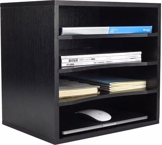 Organizzatore da scrivania 4 compartimenti in legno, contenitori da archiviazione stivellabili, cassetto per documenti in legno, classificatore da scrivania e posta, nero