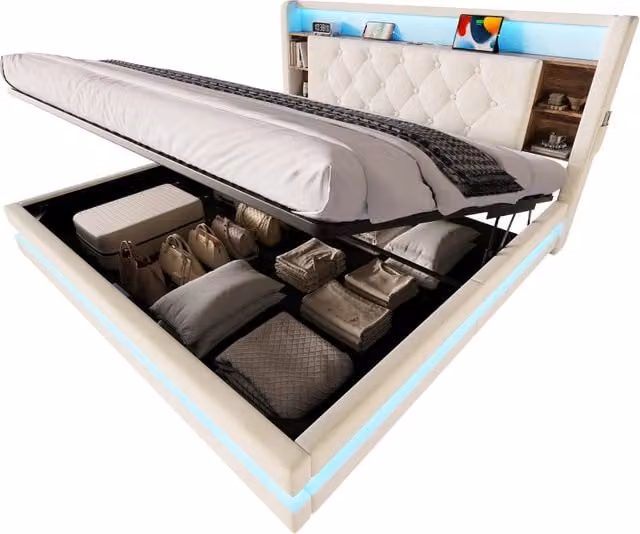 Letto contenitore matrimoniale in velluto beige con testiera dotata di luci LED, porte USB e Type-C, L/P/H: 160 x 200 x 106,5 cm