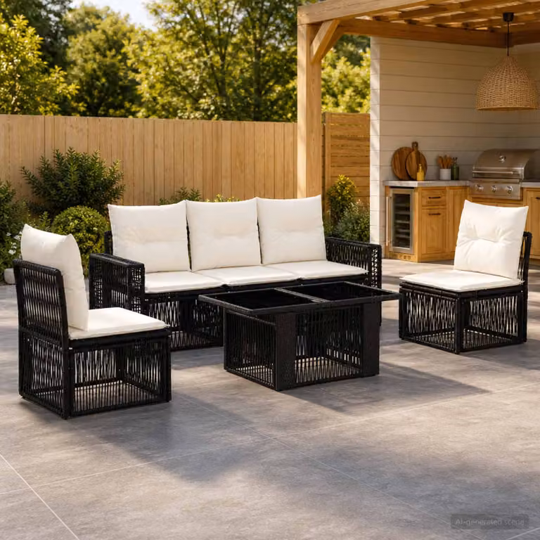 Set Divano da Giardino vidaXL in Polyrattan 6 Pezzi con Tavolino e Cuscini, Design Moderno a L, Colore Nero e Bianco Crema