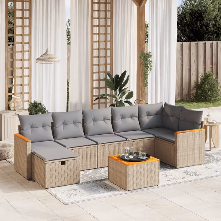 vidaXL Set Divano da Giardino a L 8 pz con Cuscini Beige e Grigio in Polyrattan e Acciaio