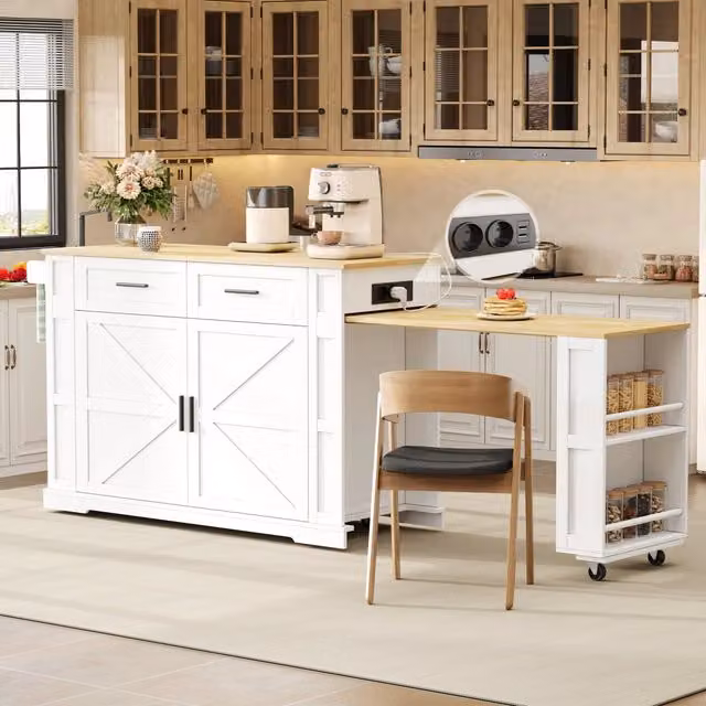 Isola da cucina mobile con piano estraibile e cassetti, finitura bianco naturale e rovere, con ruote e prese USB, L: 130 cm, P: 50 cm, H: 93 cm