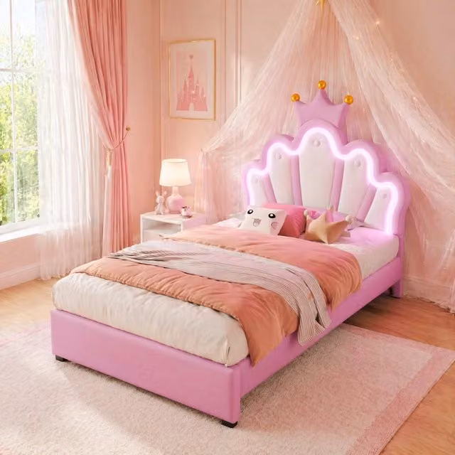 Letto imbottito per bambini 90x200 cm con LED RGB, 2 cassetti e testiera regolabile, colore rosa, design a corona