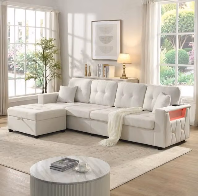 Divano modulare ULEVR 253 cm con pouf contenitore, LED multicolore, USB e Type-C, 4 posti, beige