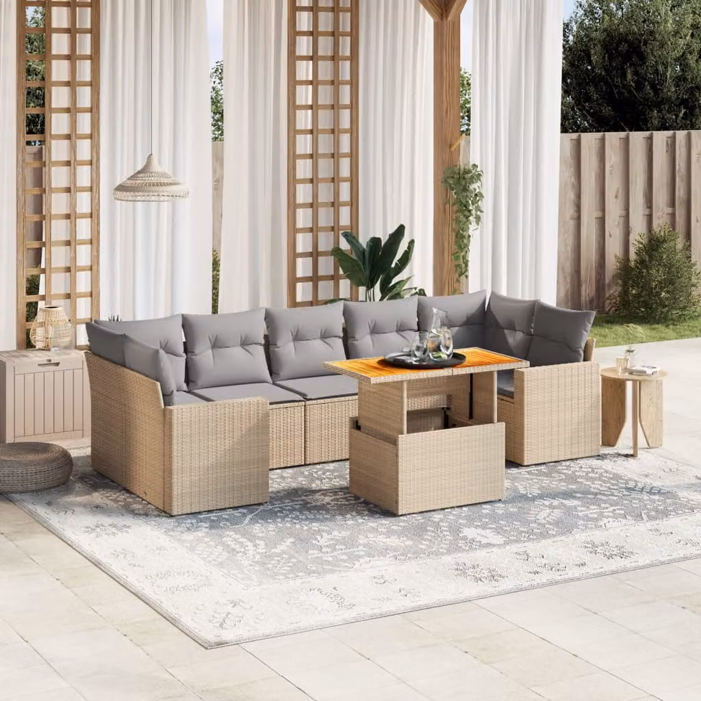vidaXL Set Divano da Giardino 8 pz Moderno con Cuscini Beige e Grigio in Polyrattan e Acciaio Verniciato a Polvere – 1