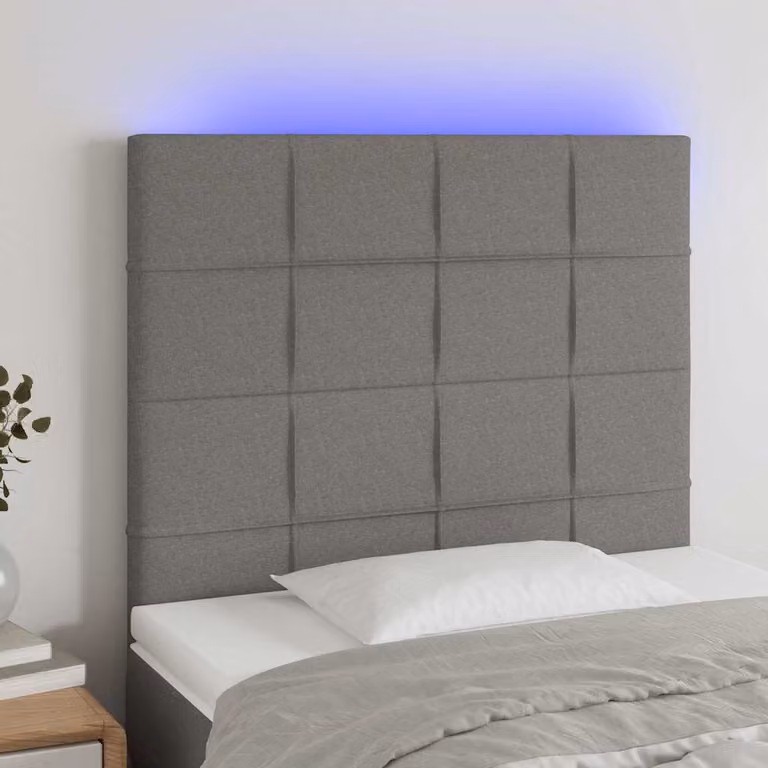 Testiera per letto vidaXL in tessuto grigio con illuminazione LED e porta di ricarica USB, L: 90 cm, P: 5 cm, H: 118-128 cm
