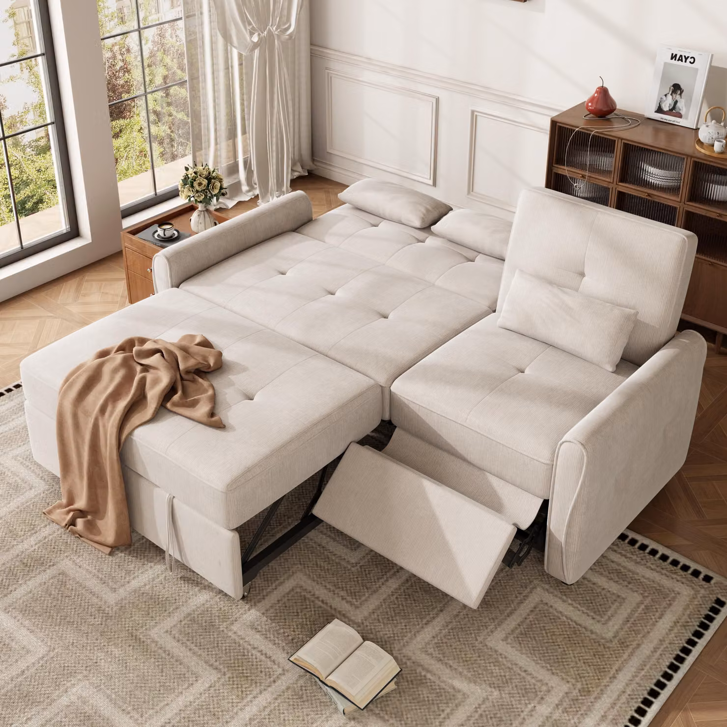 Divano MODFU a 3 posti in velluto, divano angolare modulare 3-in-1 con funzione letto, divano relax con schienale regolabile in 3 posizioni, color beige