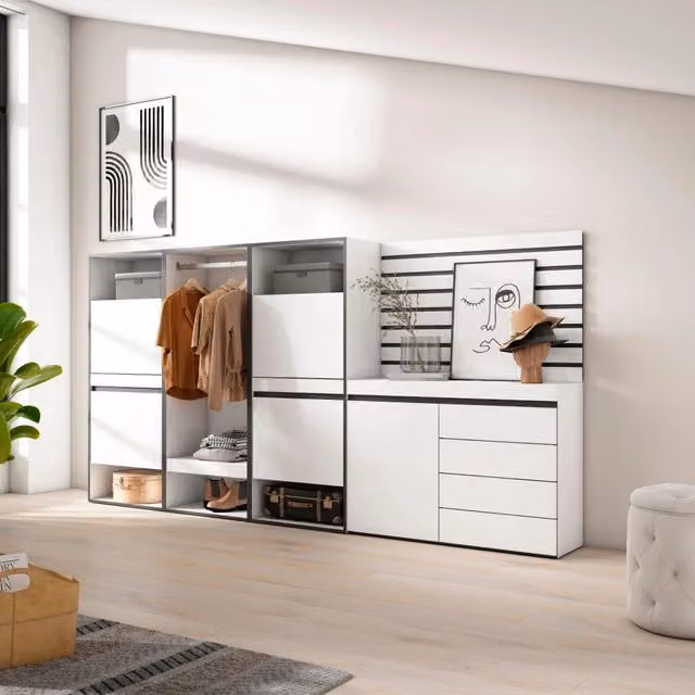 Scarpiera Moderna SKRAUT HOME con Cassettiera e Armadio Aperto, Bianco Opaco, L: 287 cm, P: 35 cm, H: 145 cm