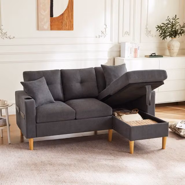 Divano Angolare 3 Posti con Chaise Longue e Contenitore ¨C MINIMAL ¨C con Cuscini e Portabicchieri