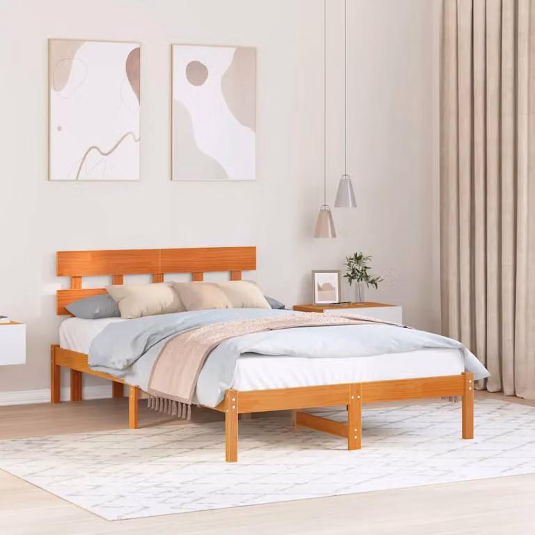 Struttura del letto moderna vidaXL in legno massello di pino, Marrone, L 140 x P 190 cm