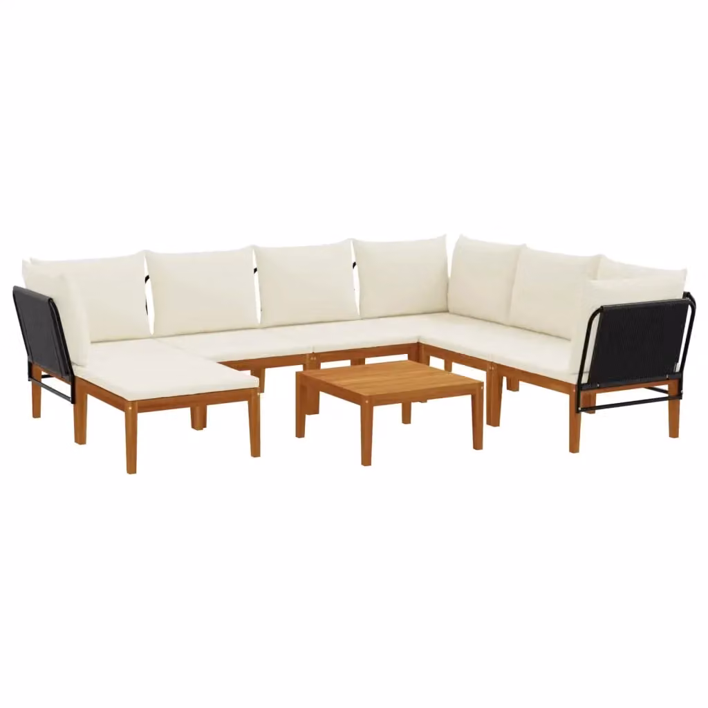 Set da giardino componibile a L vidaXL in legno di acacia con cuscini beige e bianco, composto da 8 pezzi con divano angolare, tavolino e pouf – 2