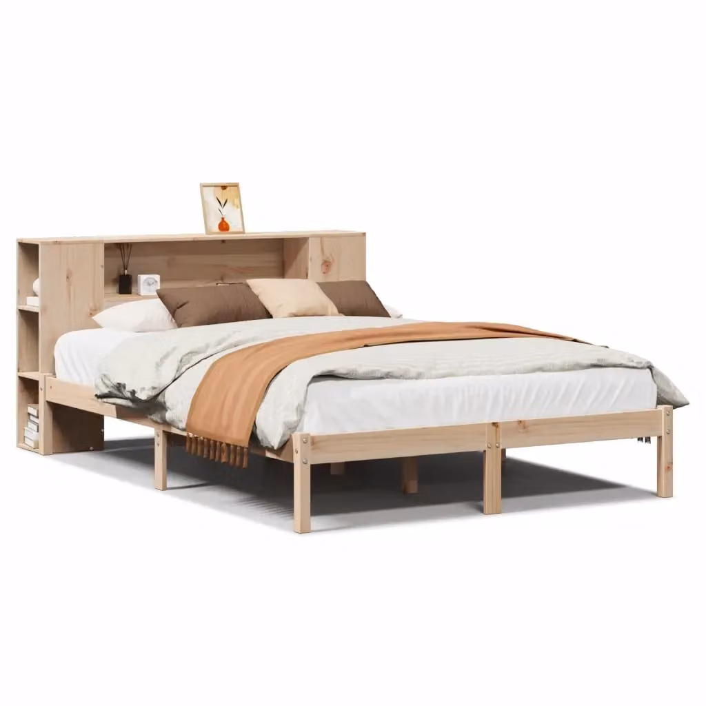 Letto Libreria vidaXL in Legno di Pino Naturale con Ripiani Laterali L/P/H: 190 x 135 x 82 cm – 2