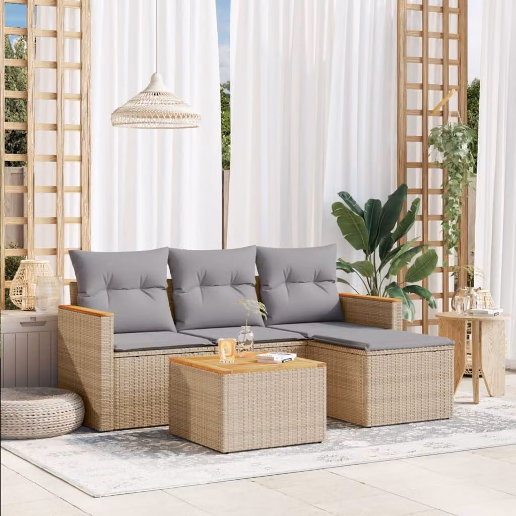 vidaXL Set Divano da Giardino 5 pz a L con Cuscini Beige in Polyrattan e Tessuto Resistente ai Raggi UV – 1