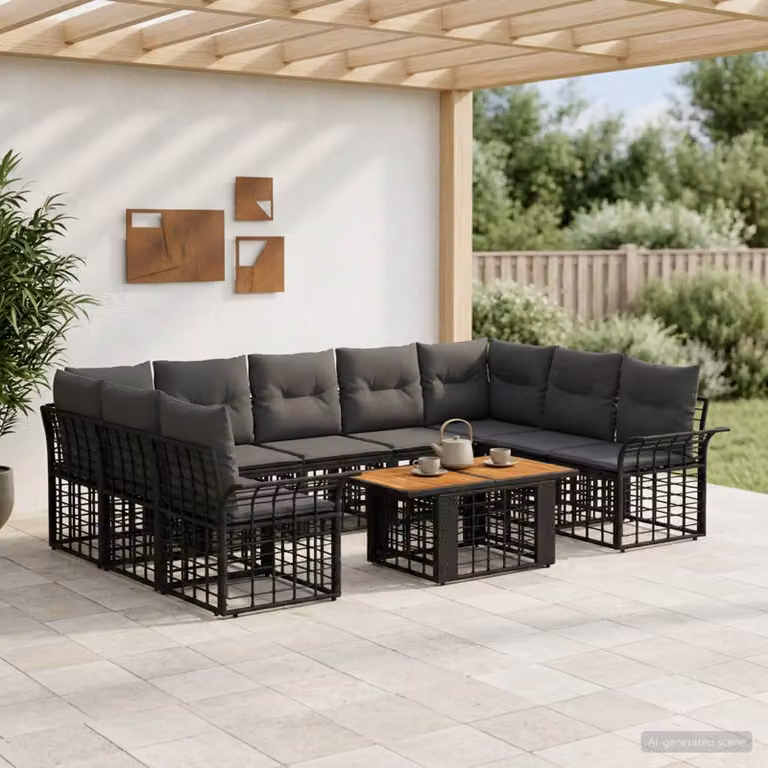 Set Divano da Giardino vidaXL 10 Pezzi Moderno in Polyrattan con Tavolino e Cuscini, Colore Nero e Grigio