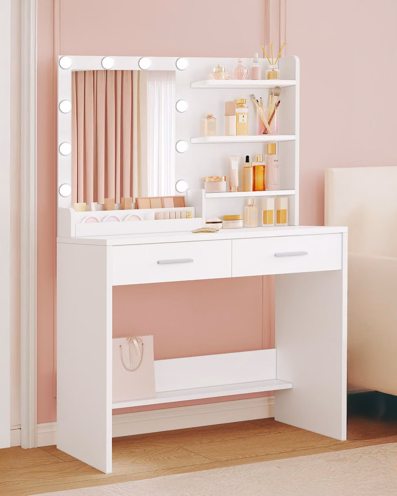Comò con specchio - Bianco - Illuminazione LED - 3 cassetti - 2 ripiani chiusi e 4 ripiani aperti