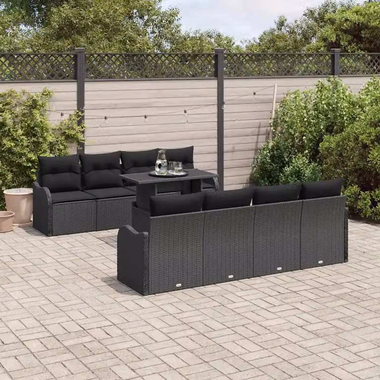 Set Divano da Giardino vidaXL 7 Pezzi in Polyrattan Nero con Cuscini e Tavolino